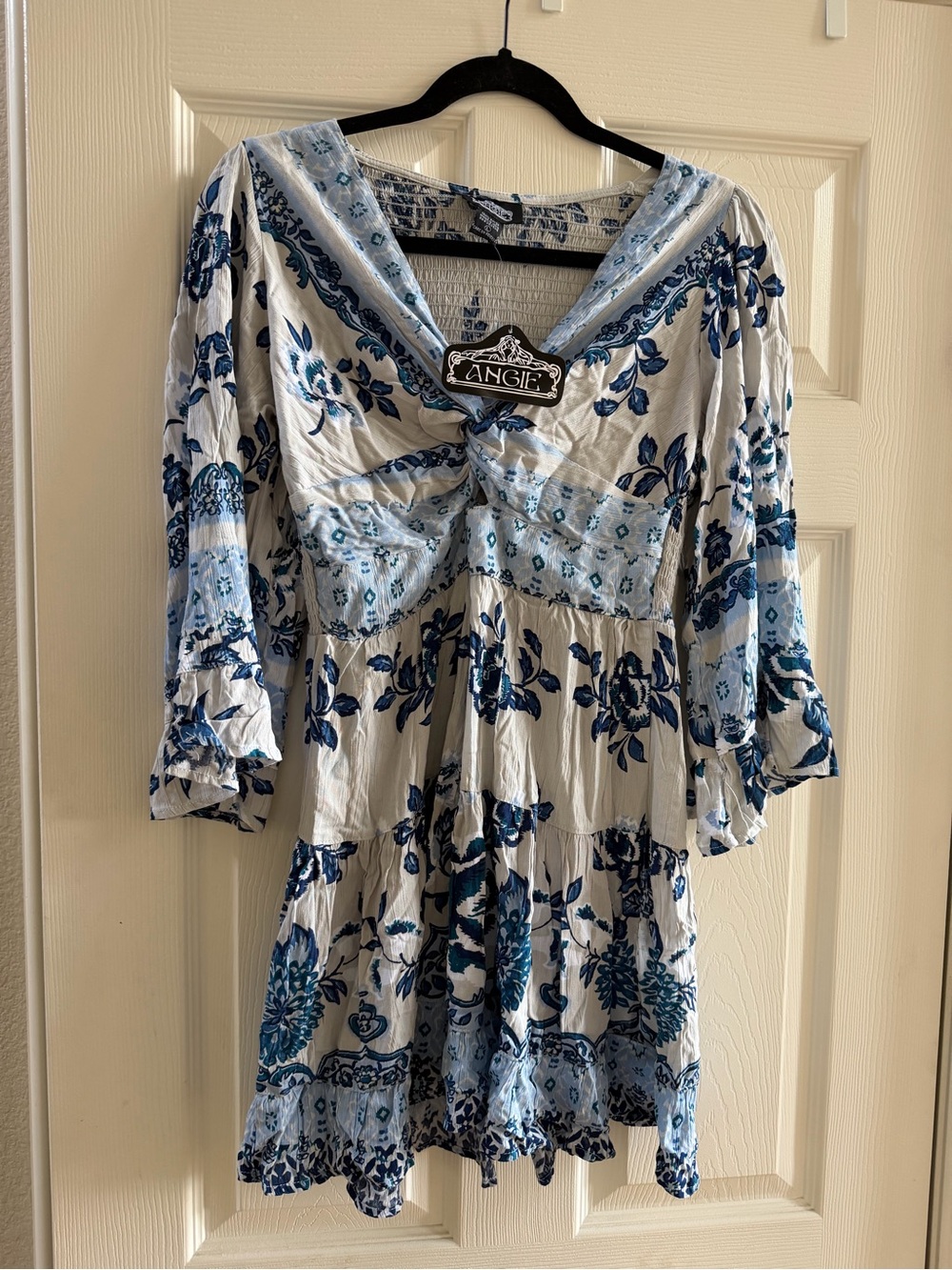 Angie Blue & Light Blue Floral Smocked Neck Tunic